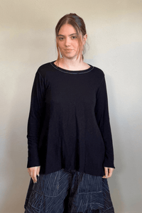 North Star Base by gertie 1153 Long Angle Tee, a relaxed long-sleeve A-line slub-knit top with a wide round neckline and flowing hem, shown in Mustard, Black, and Dusty Denim.