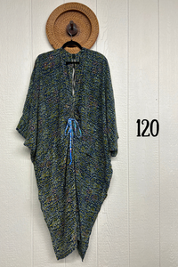 Kantha Bae Moondance Muu in assorted sari-inspired prints, shown on a model and hanging