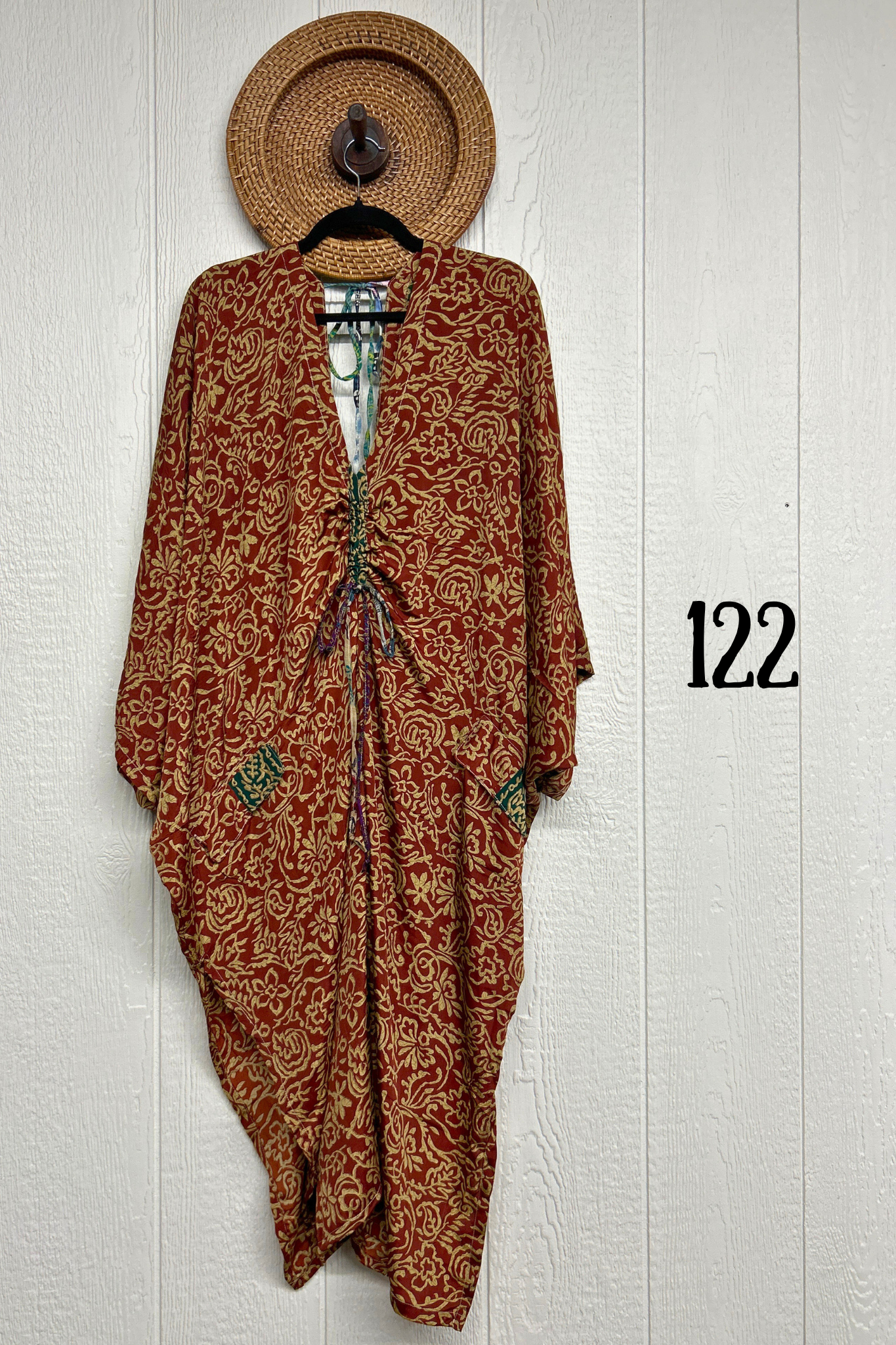 Kantha Bae Moondance Muu in assorted sari-inspired prints, shown on a model and hanging