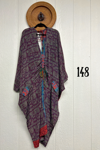 Kantha Bae Moondance Muu in assorted sari-inspired prints, shown on a model and hanging