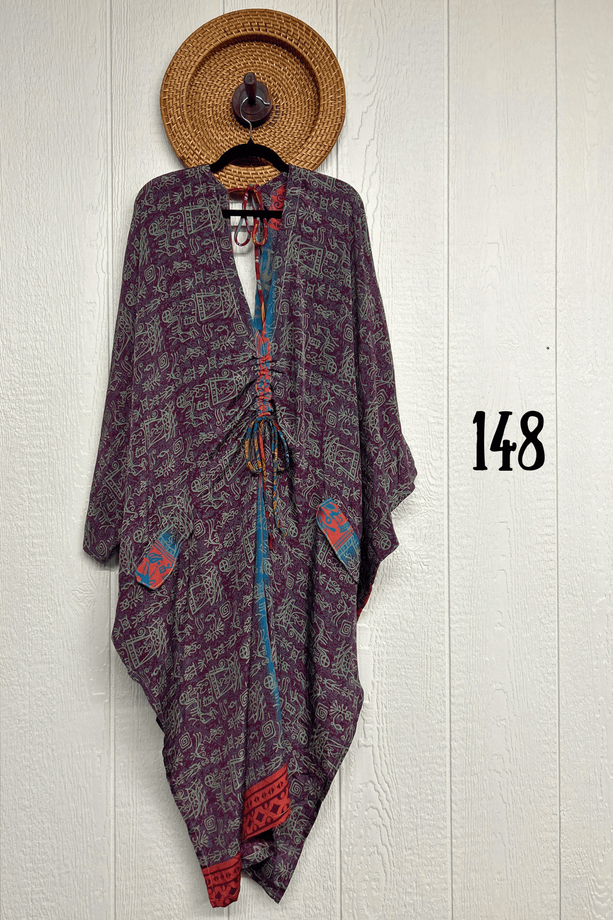 Kantha Bae Moondance Muu in assorted sari-inspired prints, shown on a model and hanging