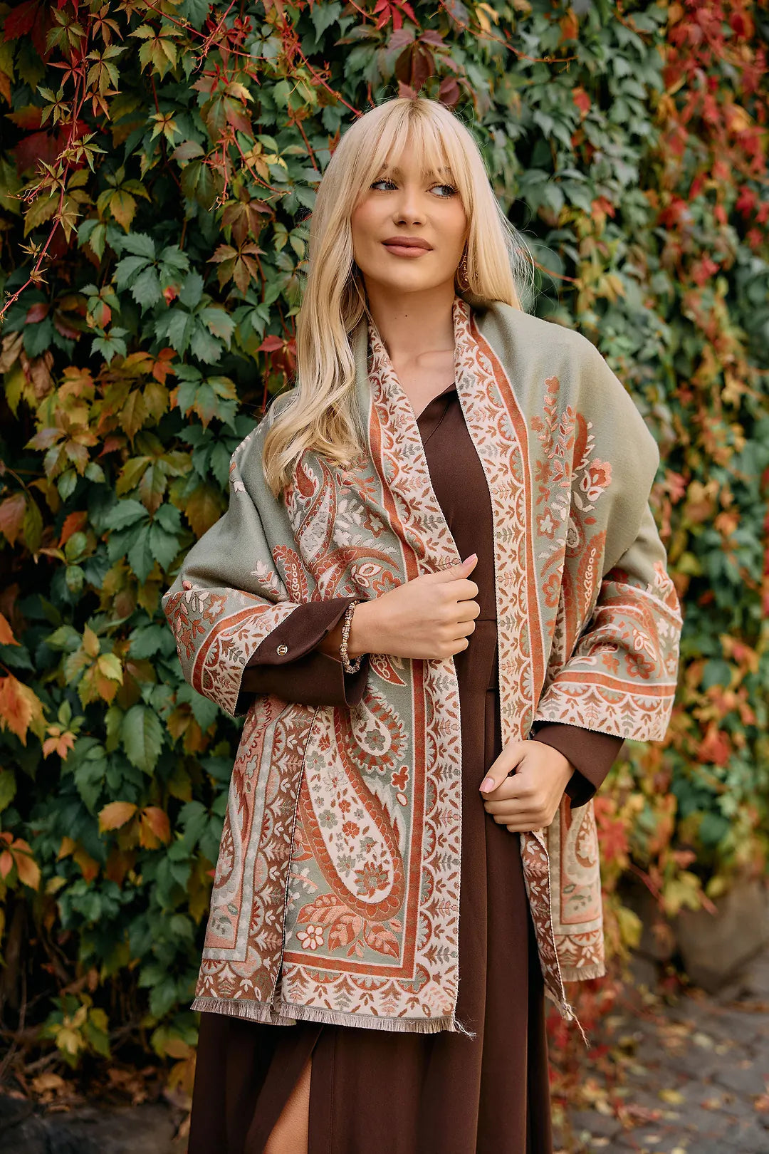 Saachi Artisan Paisley Scarf in sage green rust cream and soft pink with ornate floral paisley print