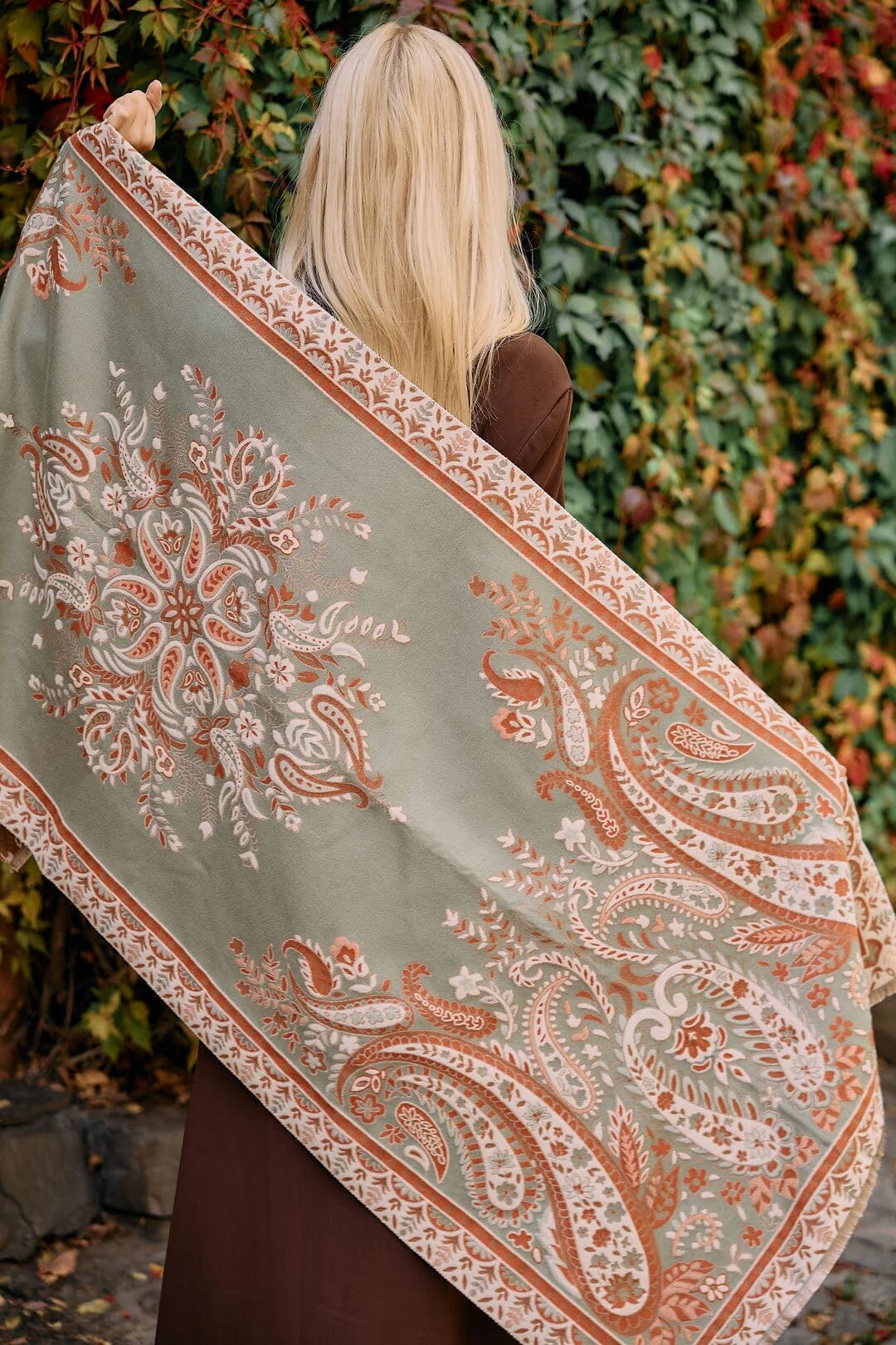 Saachi Artisan Paisley Scarf in sage green rust cream and soft pink with ornate floral paisley print