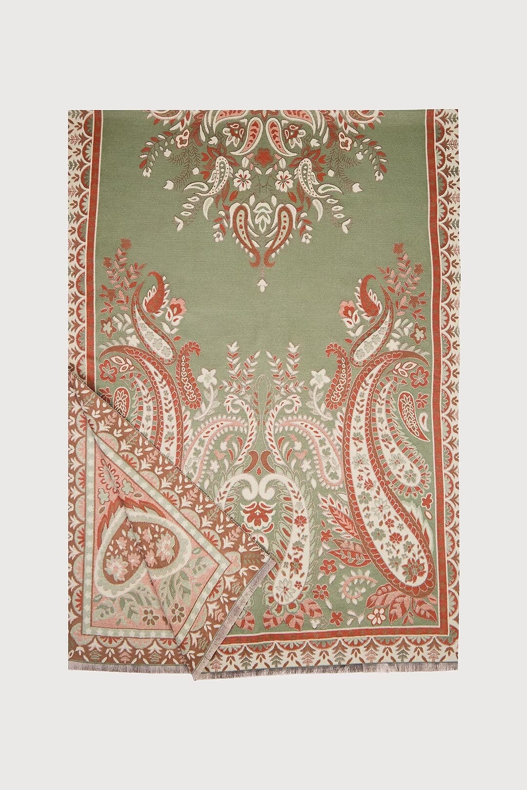 Saachi Artisan Paisley Scarf in sage green rust cream and soft pink with ornate floral paisley print