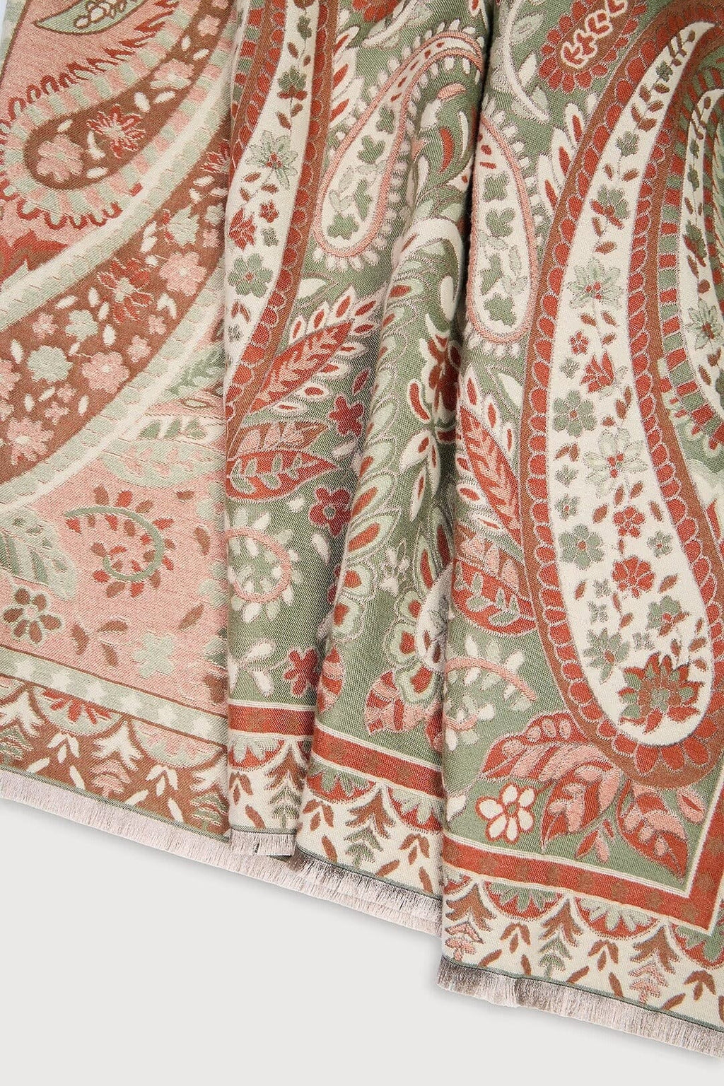 Saachi Artisan Paisley Scarf in sage green rust cream and soft pink with ornate floral paisley print