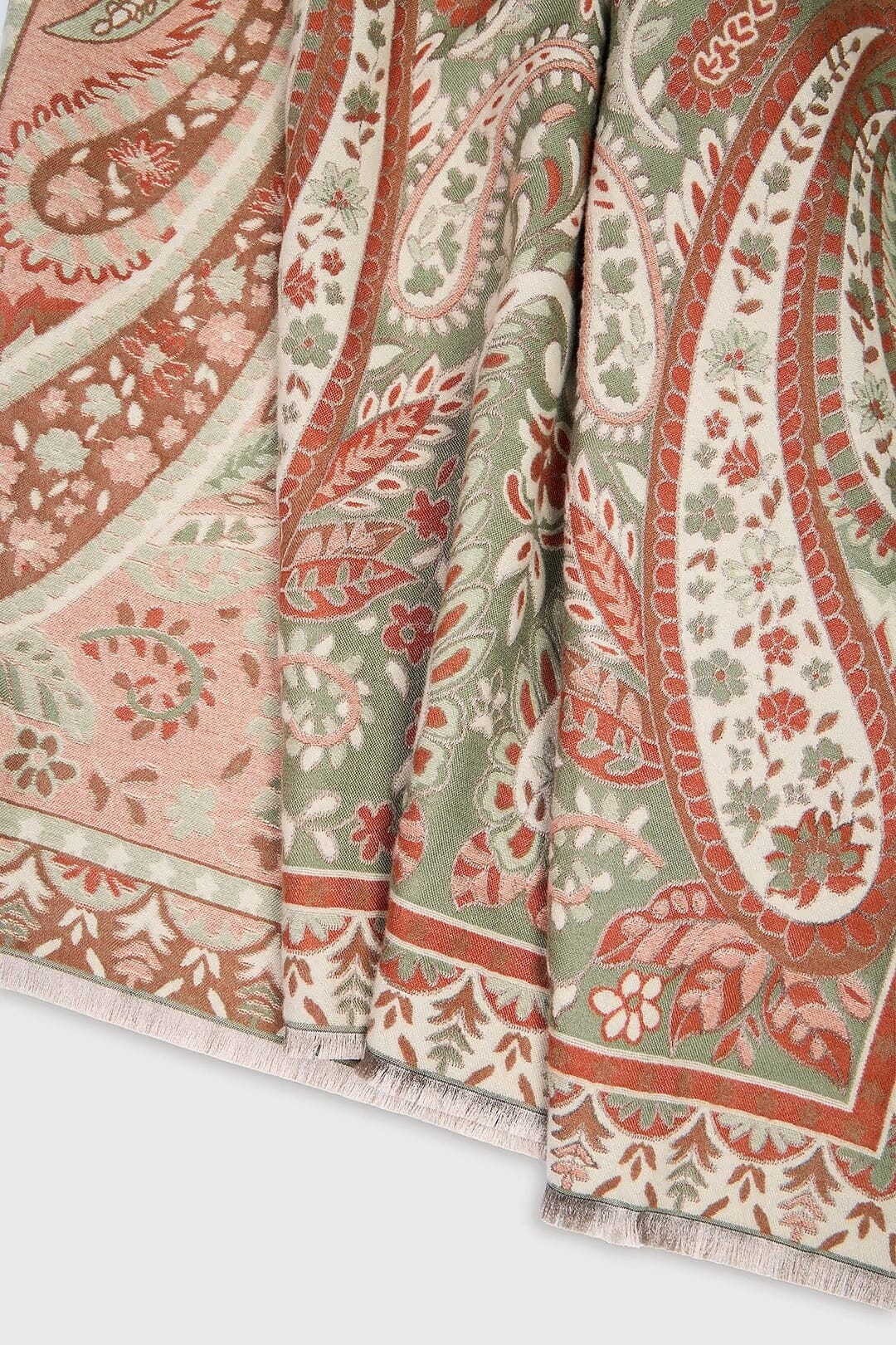 Saachi Artisan Paisley Scarf in sage green rust cream and soft pink with ornate floral paisley print