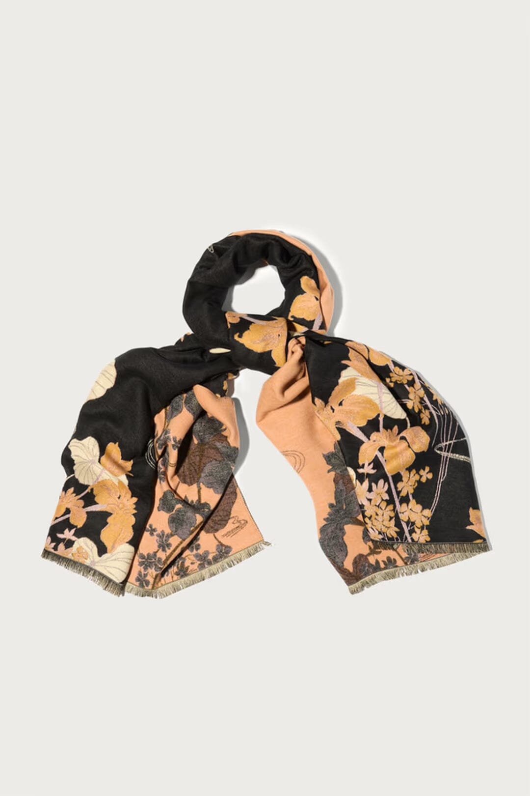 Saachi Floral Reversible Scarf with golden flowers on black and peach botanical reverse