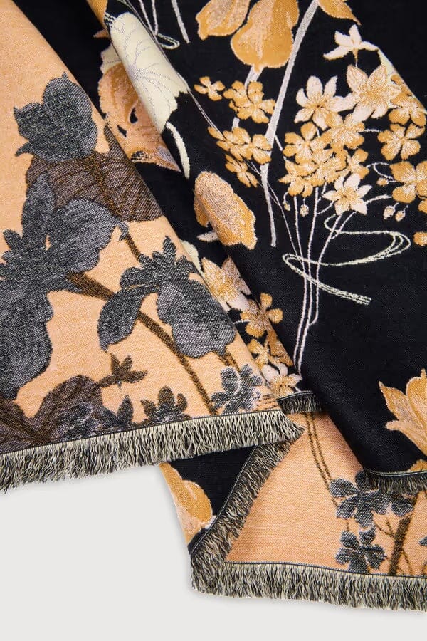 Saachi Floral Reversible Scarf with golden flowers on black and peach botanical reverse
