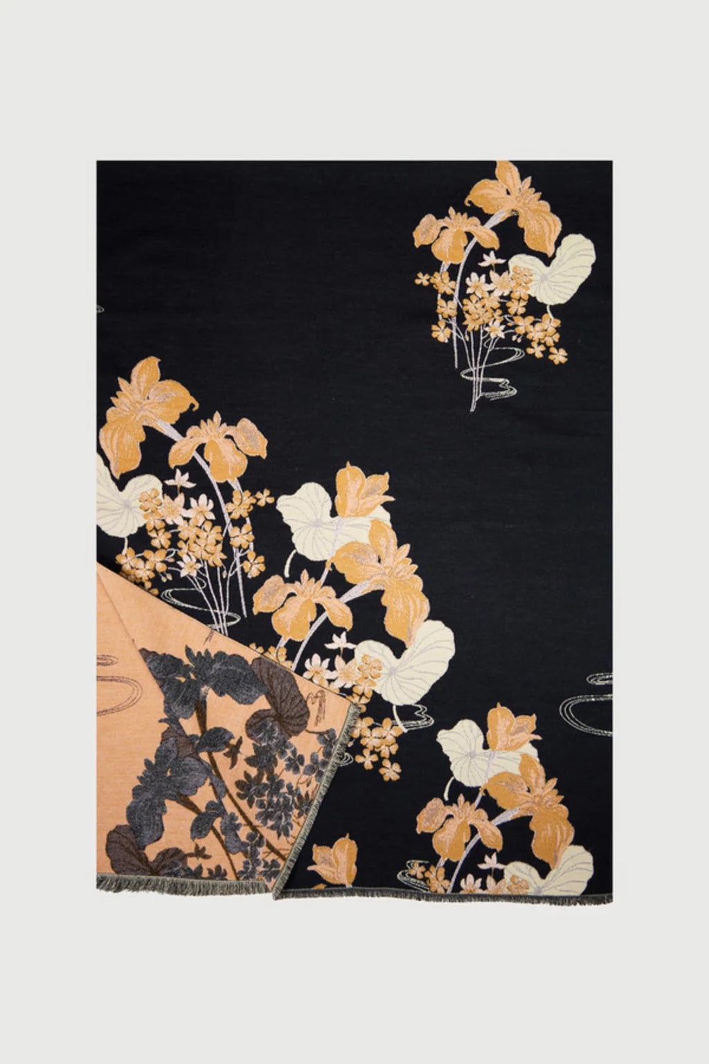 Saachi Floral Reversible Scarf with golden flowers on black and peach botanical reverse