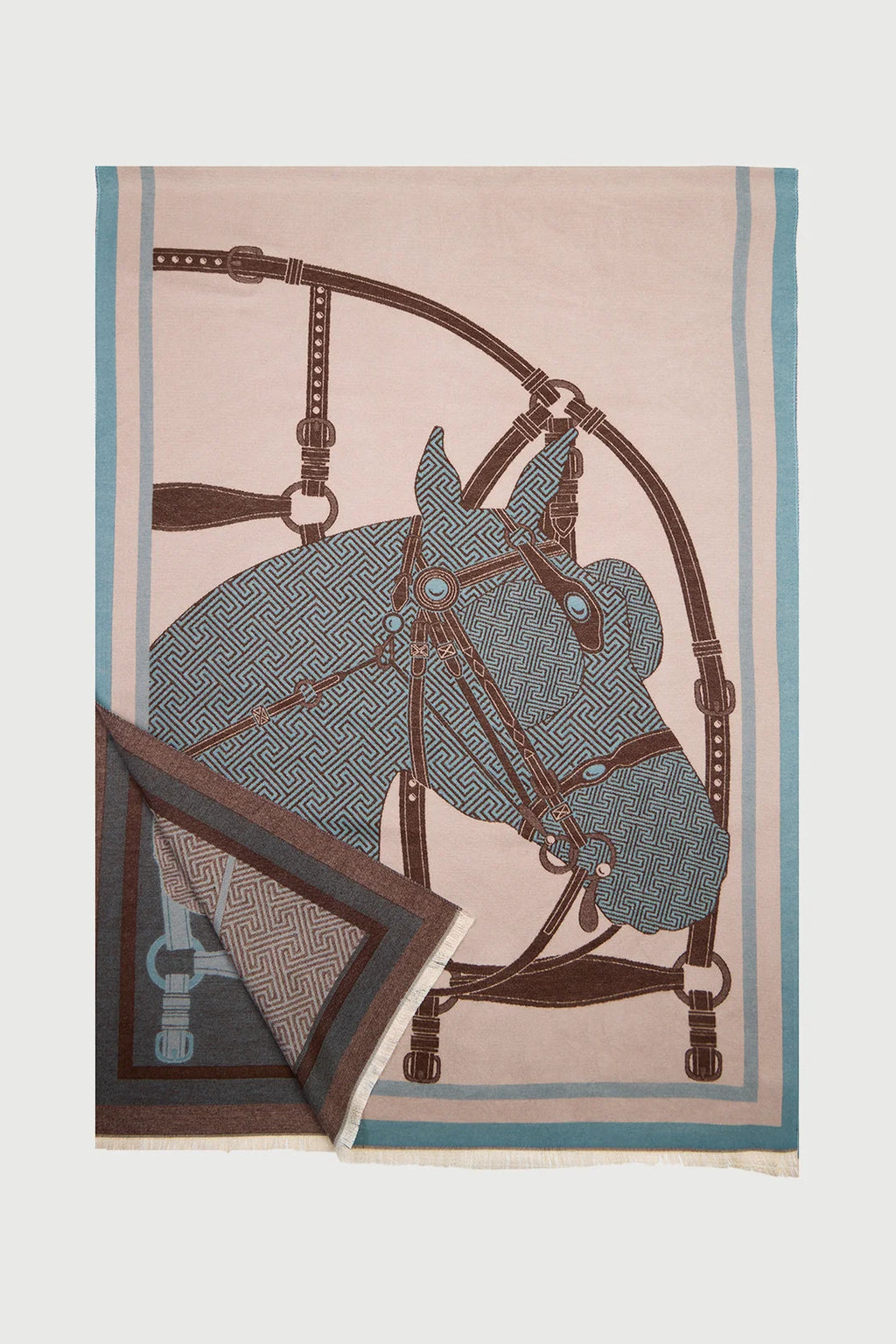 Saachi Equestrian Reversible Scarf in blue, taupe, cream and brown with horse and bridle design