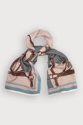 Saachi Equestrian Reversible Scarf in blue, taupe, cream and brown with horse and bridle design