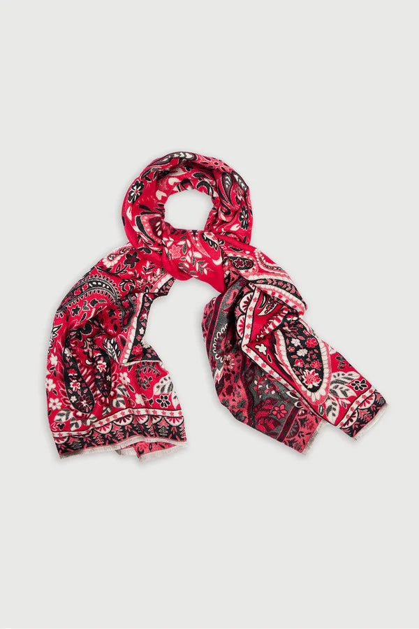 Saachi Paisley Reversible Scarf in red pink black charcoal and cream with paisley and floral motifs