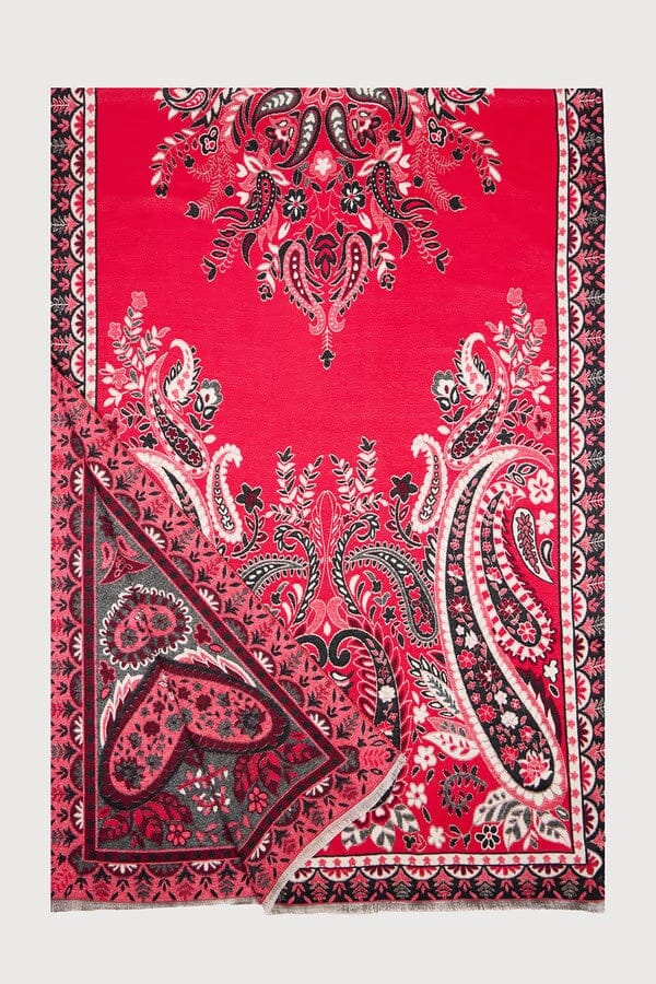 Saachi Paisley Reversible Scarf in red pink black charcoal and cream with paisley and floral motifs