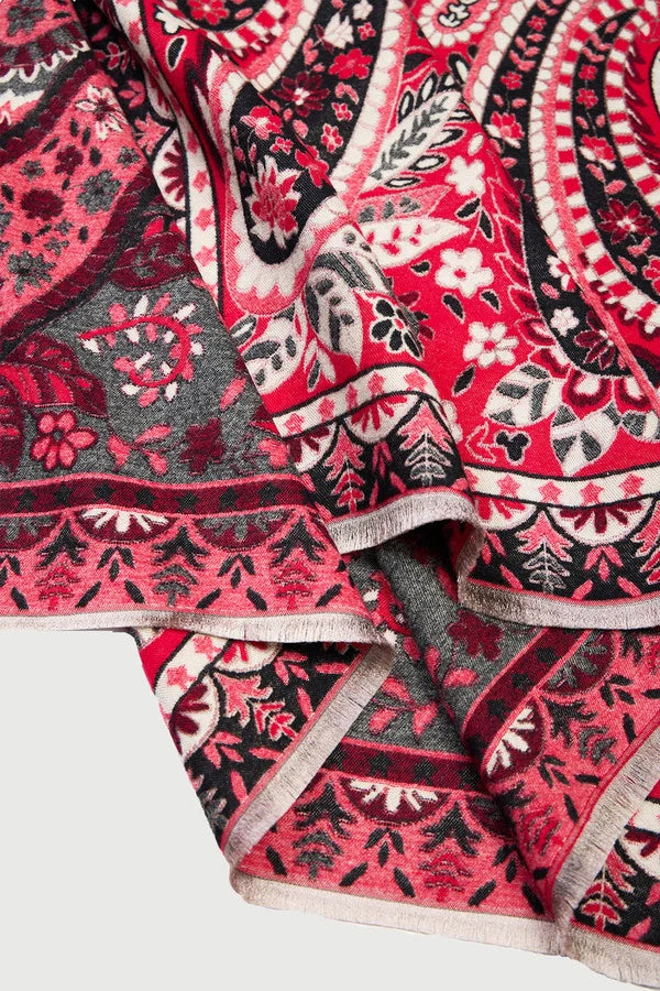 Saachi Paisley Reversible Scarf in red pink black charcoal and cream with paisley and floral motifs