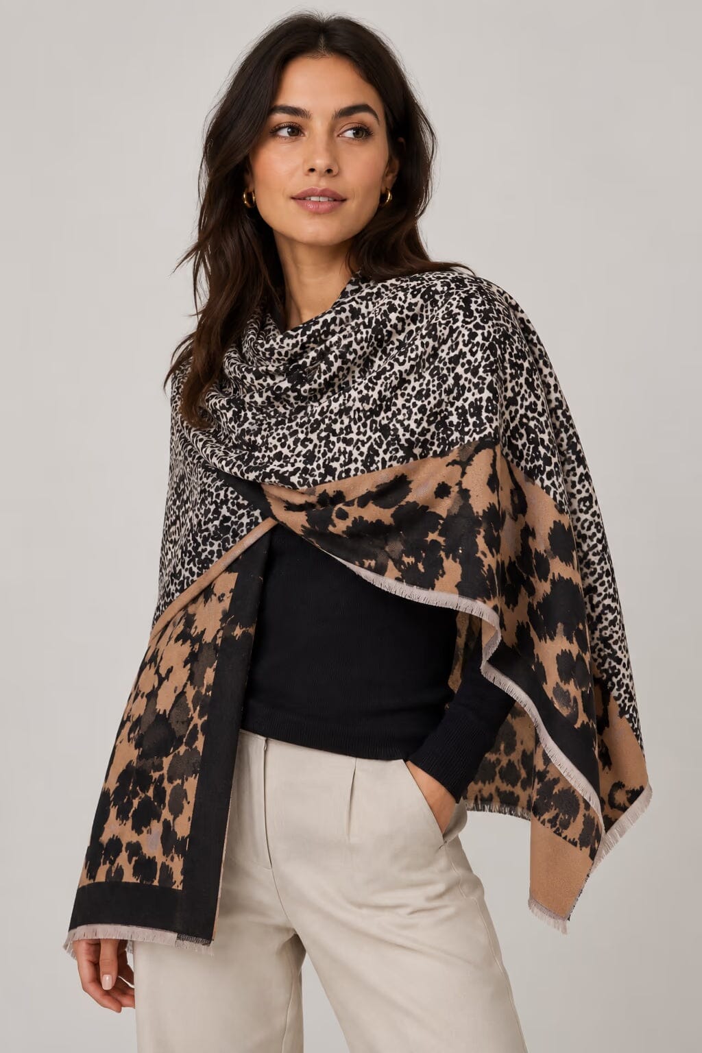 Saachi mixed animal print reversible scarf in black cream and camel