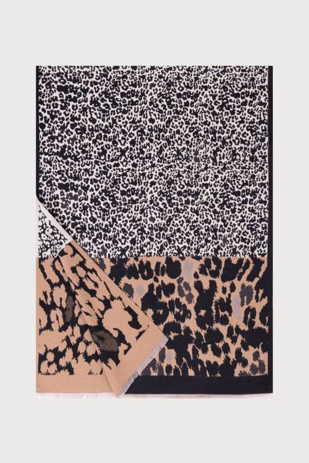 Saachi mixed animal print reversible scarf in black cream and camel