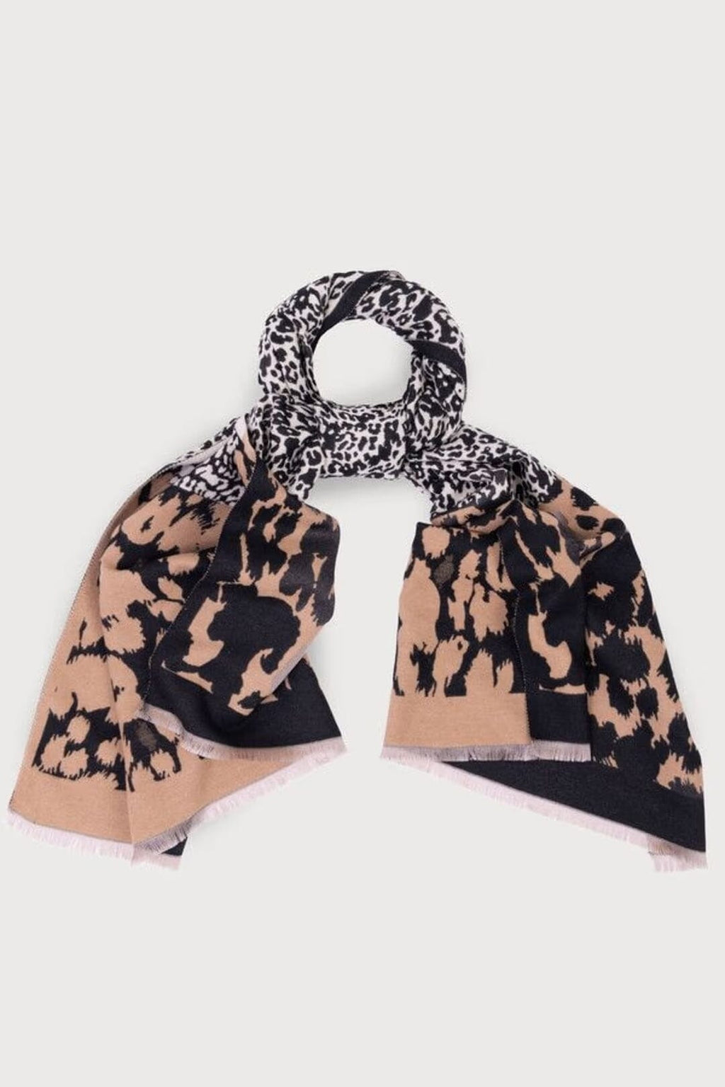 Saachi mixed animal print reversible scarf in black cream and camel