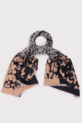 Saachi mixed animal print reversible scarf in black cream and camel