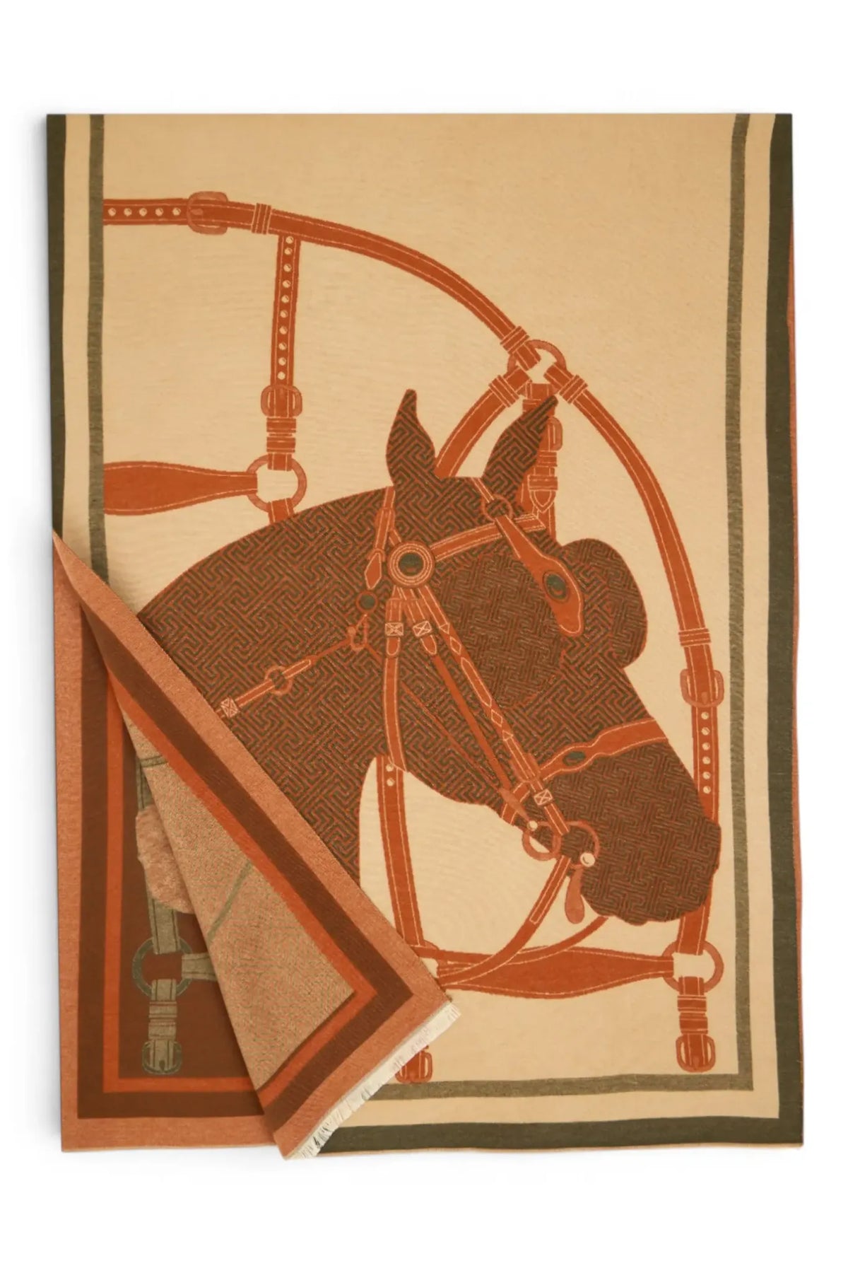 Saachi Equestrian Reversible Scarf in camel rust olive green and brown with horse and bridle motifs