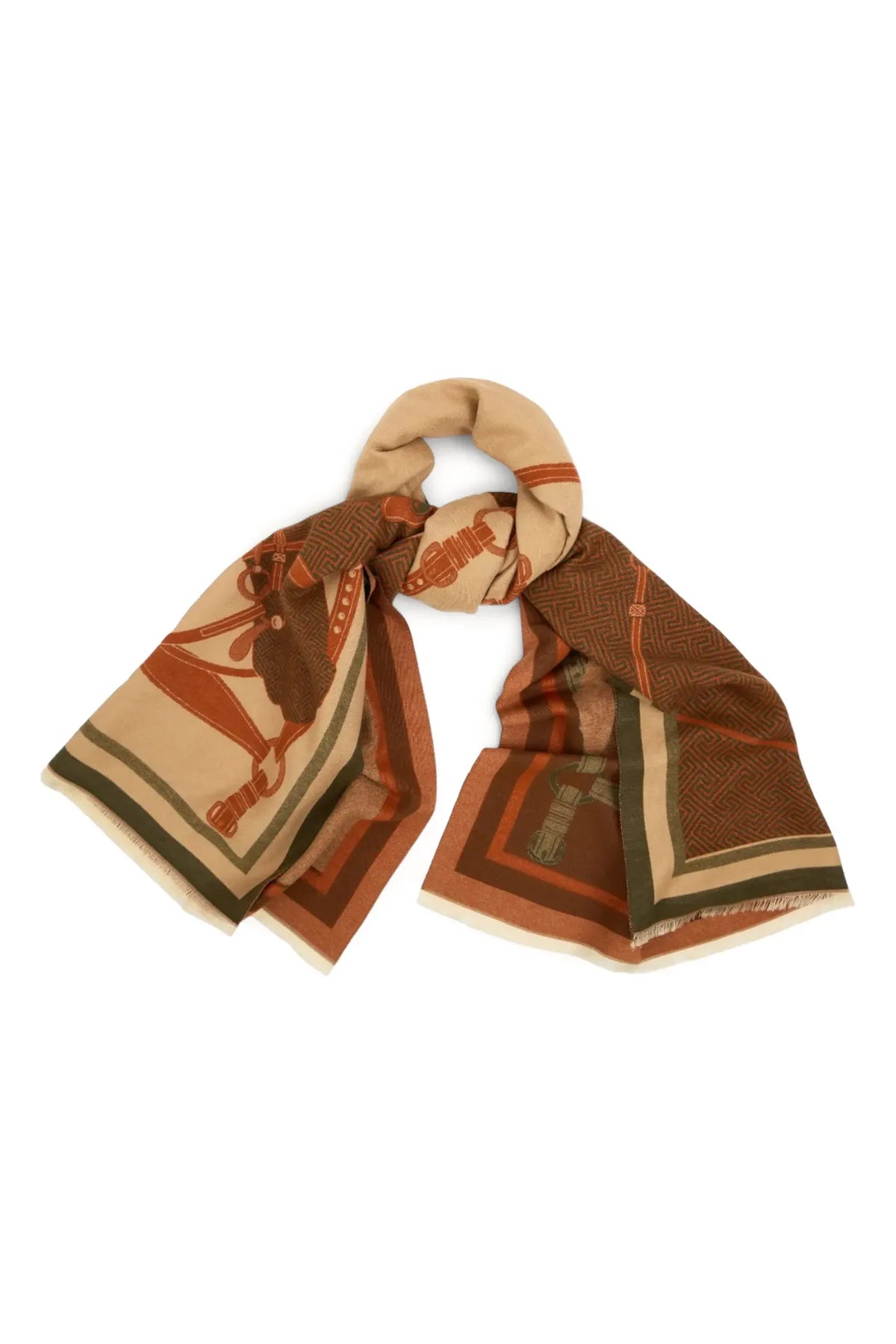 Saachi Equestrian Reversible Scarf in camel rust olive green and brown with horse and bridle motifs