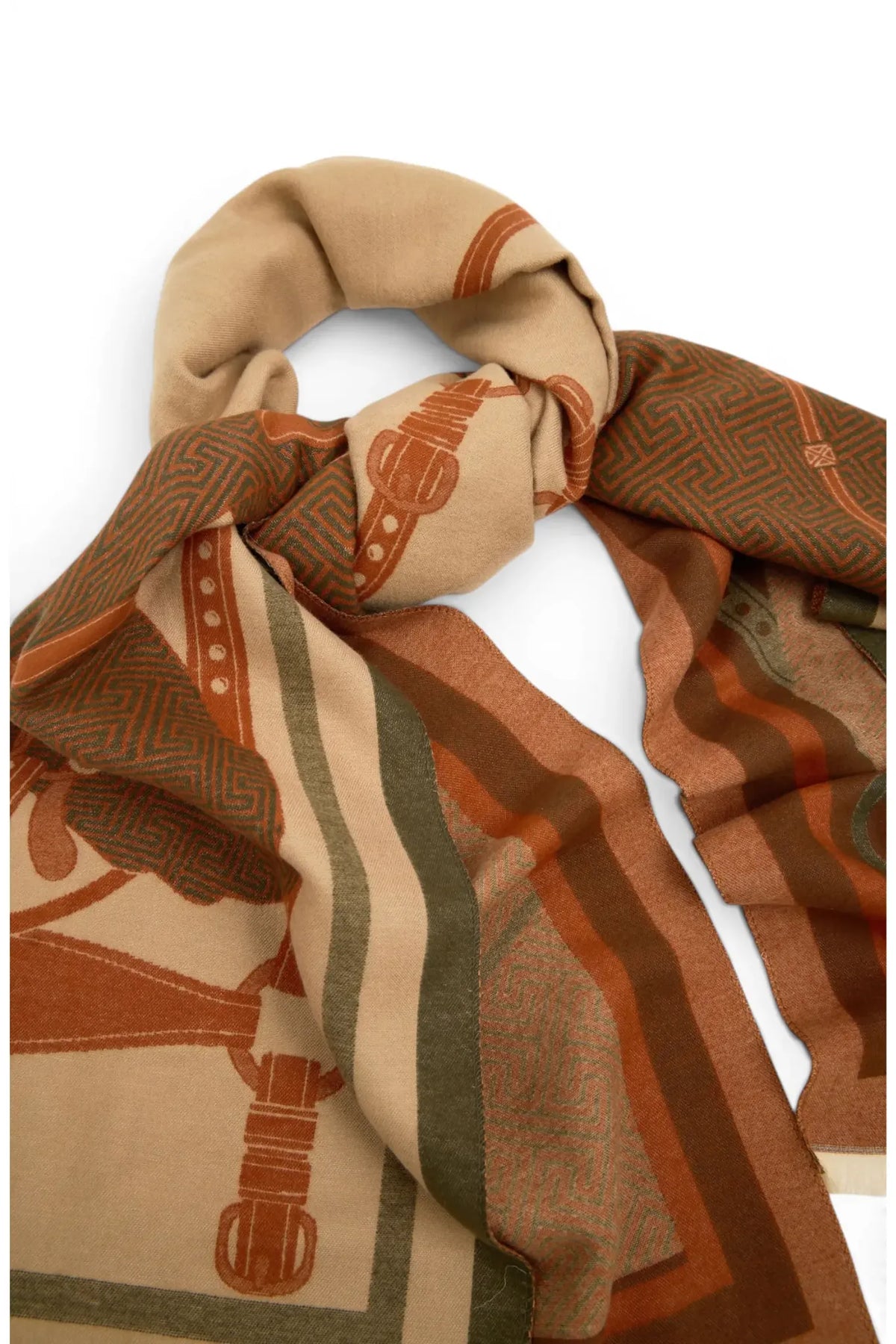 Saachi Equestrian Reversible Scarf in camel rust olive green and brown with horse and bridle motifs
