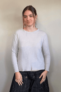 North Star Base by gertie 1547 Tee Shirt, a relaxed waist-length long-sleeve slub-knit tee with a round crew neckline, shown in Nimbus and Mustard.