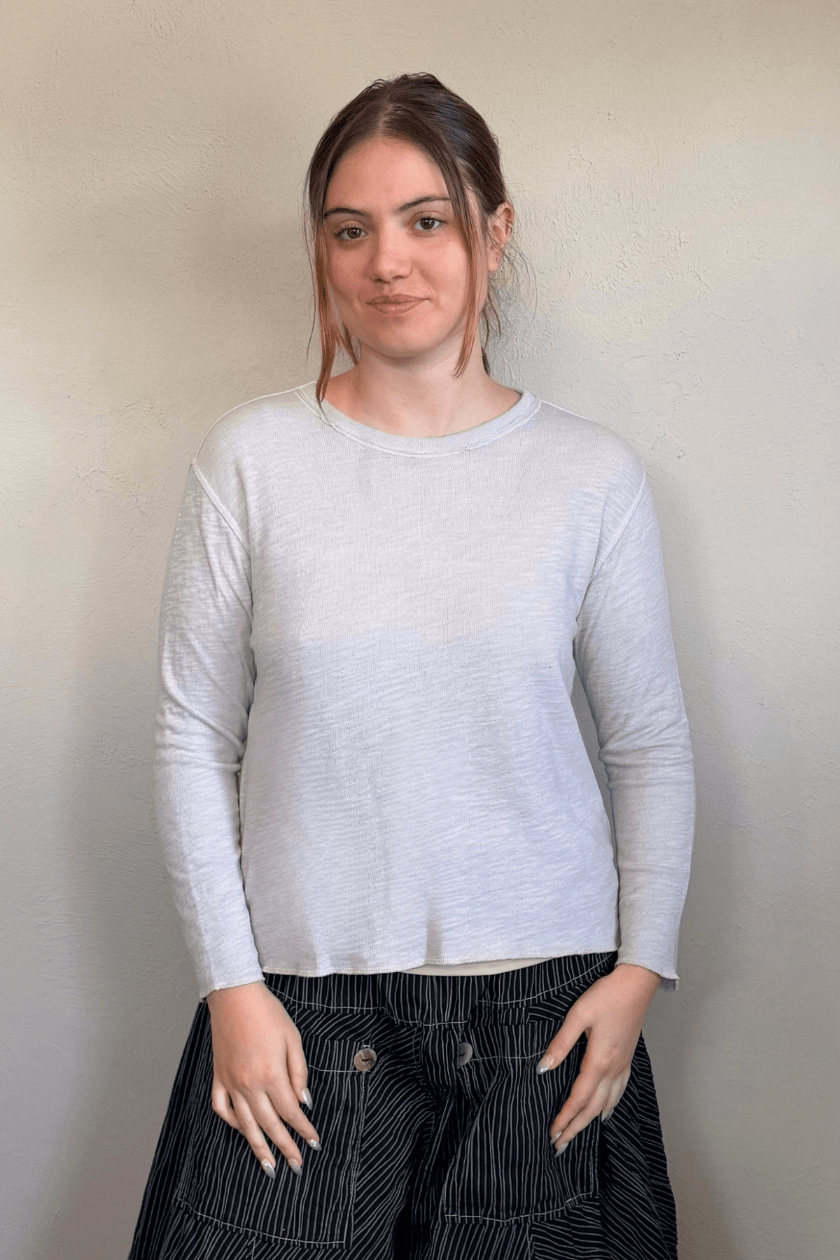 North Star Base by gertie 1547 Tee Shirt, a relaxed waist-length long-sleeve slub-knit tee with a round crew neckline, shown in Nimbus and Mustard.