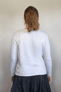 North Star Base by gertie 1547 Tee Shirt, a relaxed waist-length long-sleeve slub-knit tee with a round crew neckline, shown in Nimbus and Mustard.