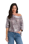 Planet 166KT Metallic Crochet Sweater in Amethyst/Silver, front and back views of shimmering open-knit boatneck sweater