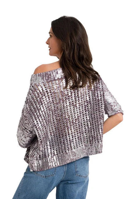 Planet 166KT Metallic Crochet Sweater in Amethyst/Silver, front and back views of shimmering open-knit boatneck sweater