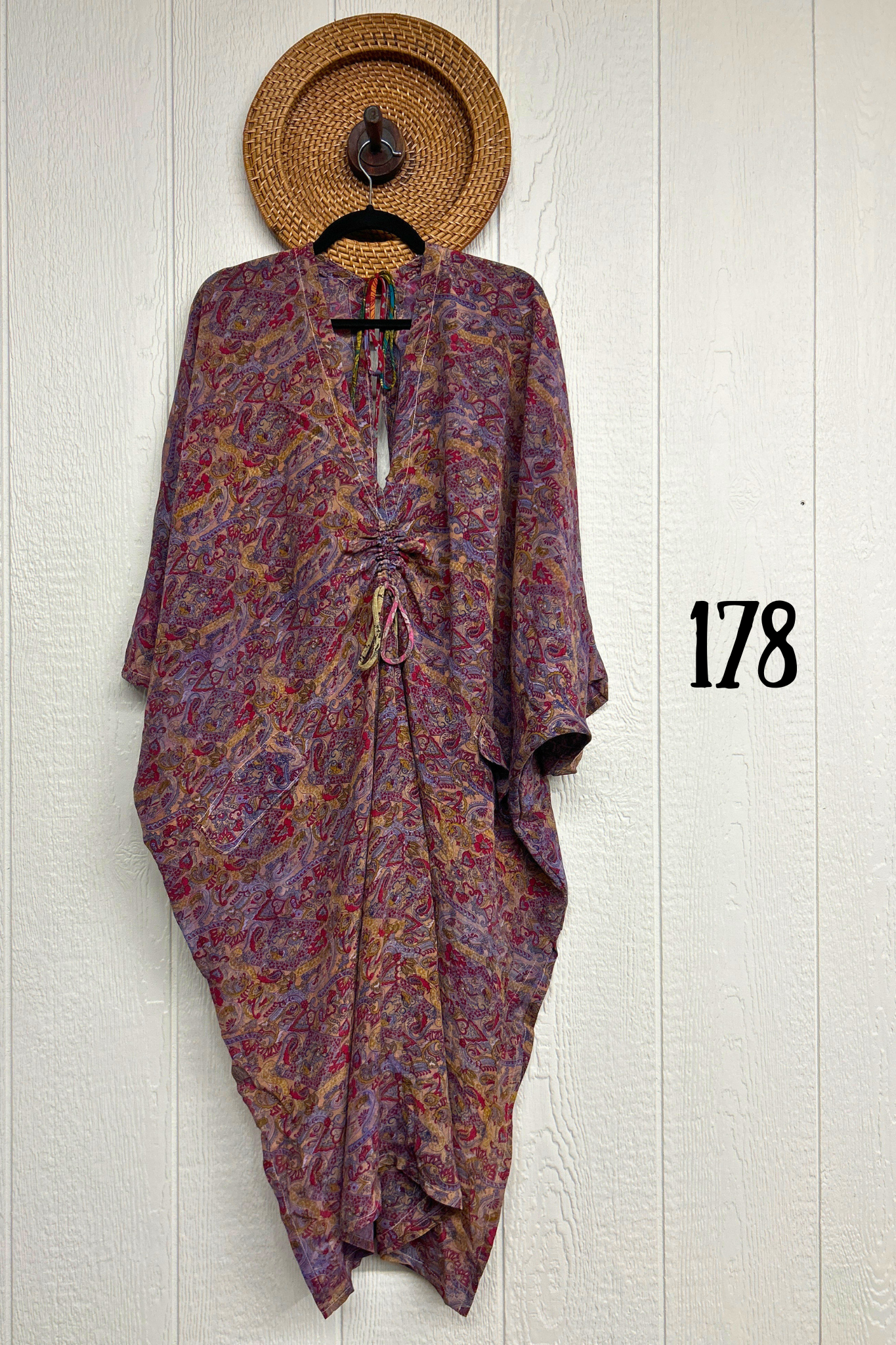 Kantha Bae Moondance Muu in assorted sari-inspired prints, shown on a model and hanging