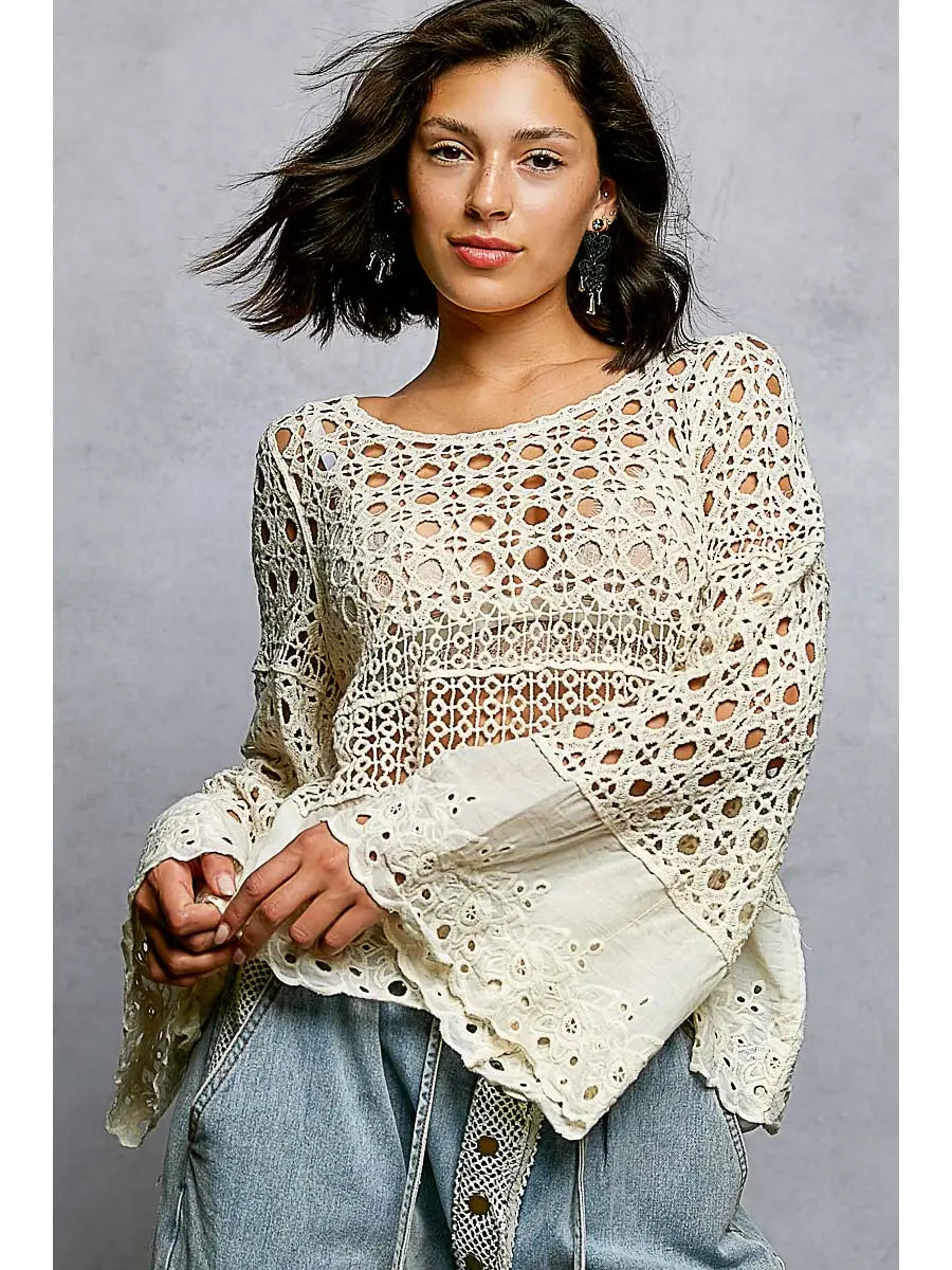 Crochet Bell Sleeve Top - Natural