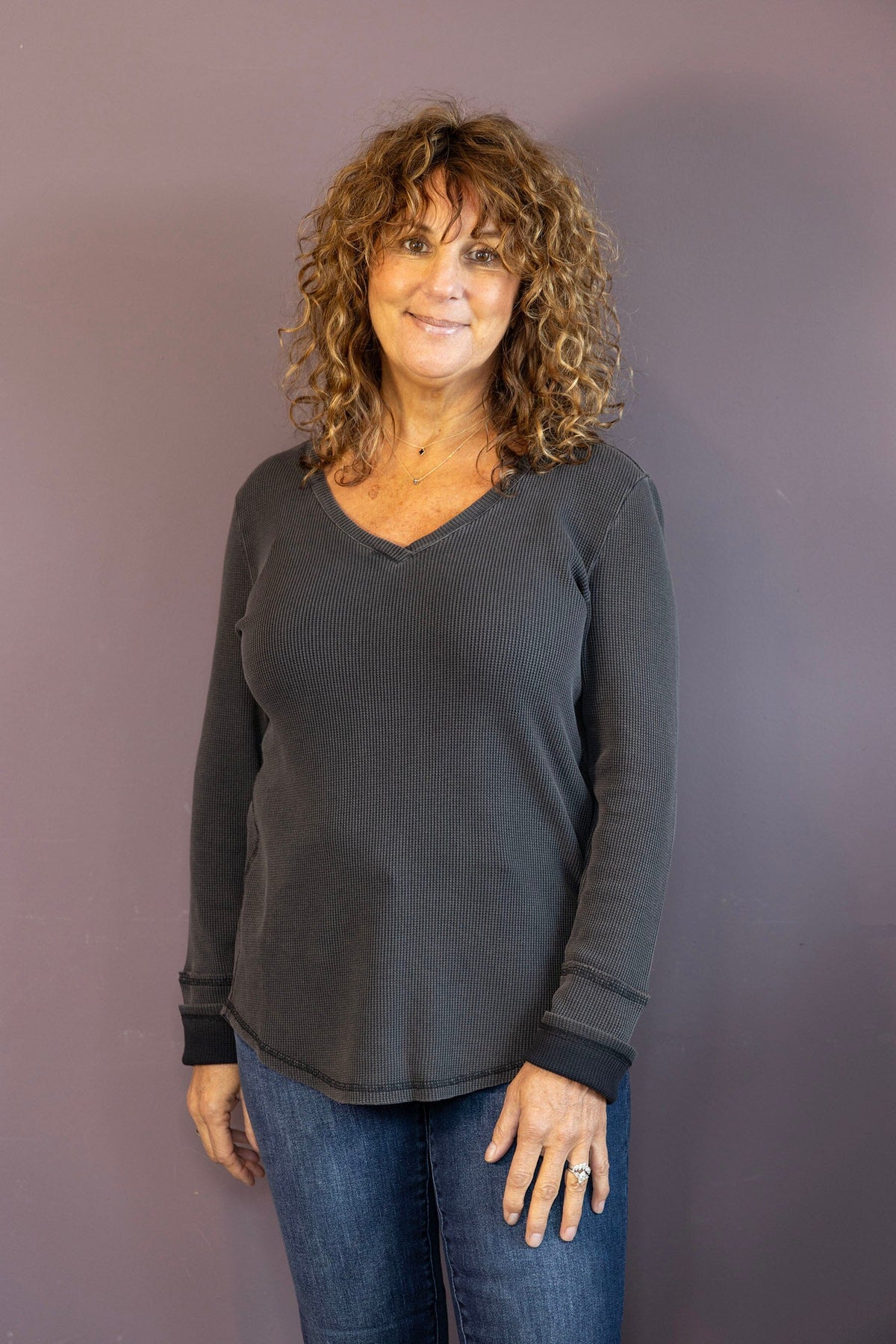 V-Neck Hi-Lo Waffle Knit Top