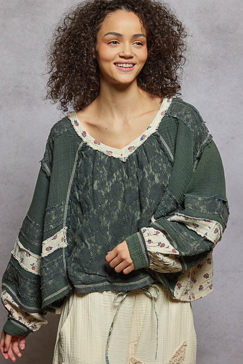 Long Sleeve Gauze & Lace Woven Top