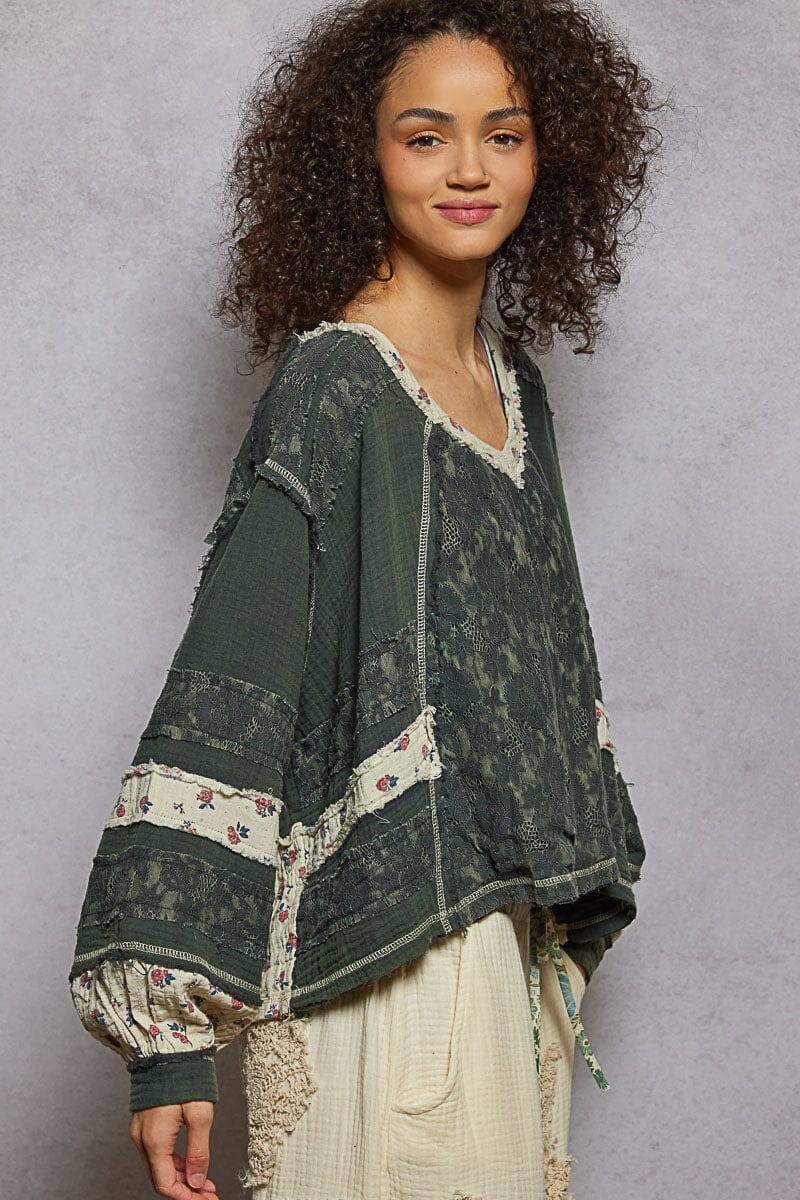 Long Sleeve Gauze & Lace Woven Top