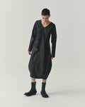 Kedziorek 5517 black waxed cotton midi cocoon dress, front side and back views with architectural seaming