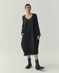 Kedziorek 5527 charcoal and black pinstripe cocoon midi dress with asymmetrical panels and patch pocket