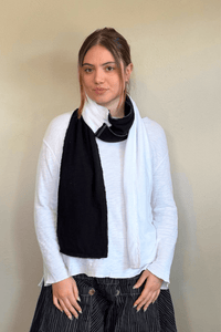 North Star Base by gertie 8030 rectangular two-tone scarf in Black/Chalk, tonal Olive, Black/Denim, and Black/Mustard color combinations.
