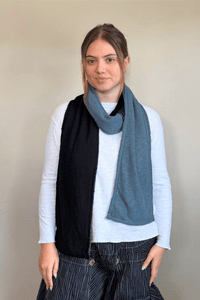 North Star Base by gertie 8030 rectangular two-tone scarf in Black/Chalk, tonal Olive, Black/Denim, and Black/Mustard color combinations.