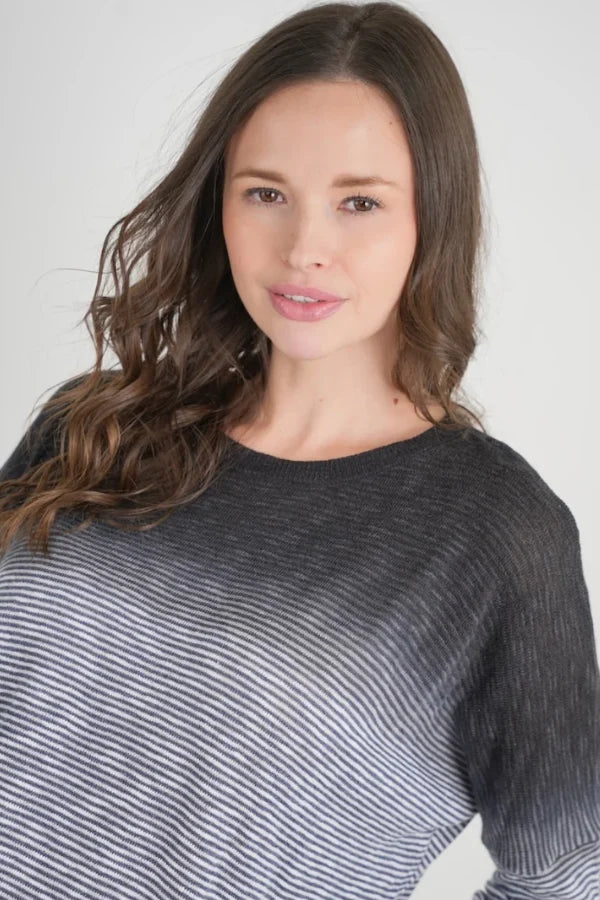 Stitch Drop Duo Dip Sweater in charcoal and grey with fine graduated stripes