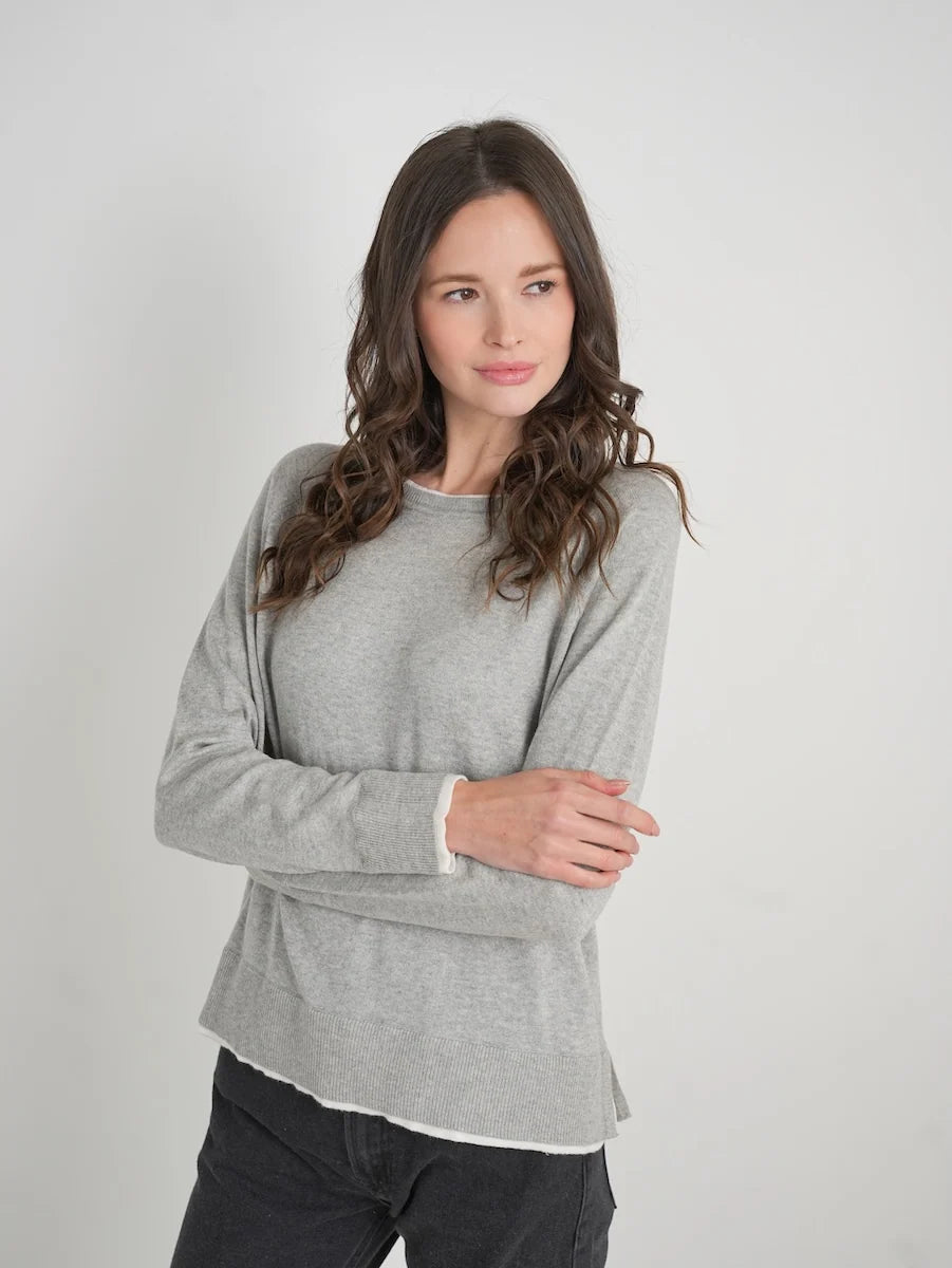 Stitch Drop Double Take Sweater in heathered grey with ivory layered-look trim