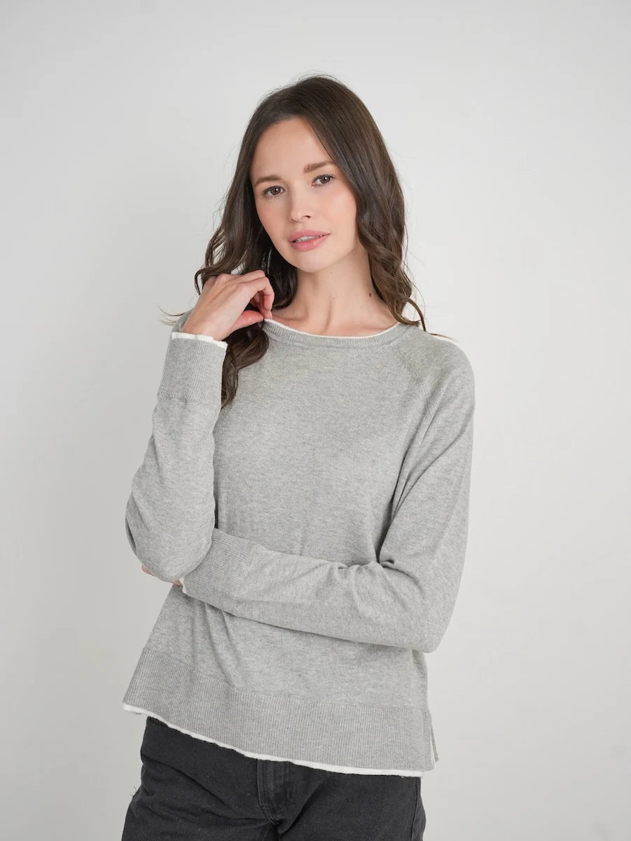 Stitch Drop Double Take Sweater in heathered grey with ivory layered-look trim