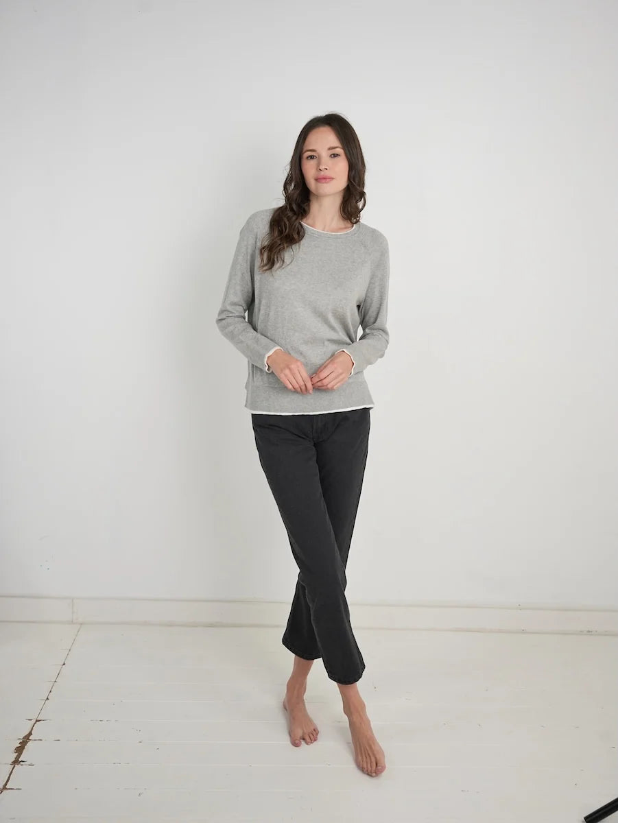 Stitch Drop Double Take Sweater in heathered grey with ivory layered-look trim