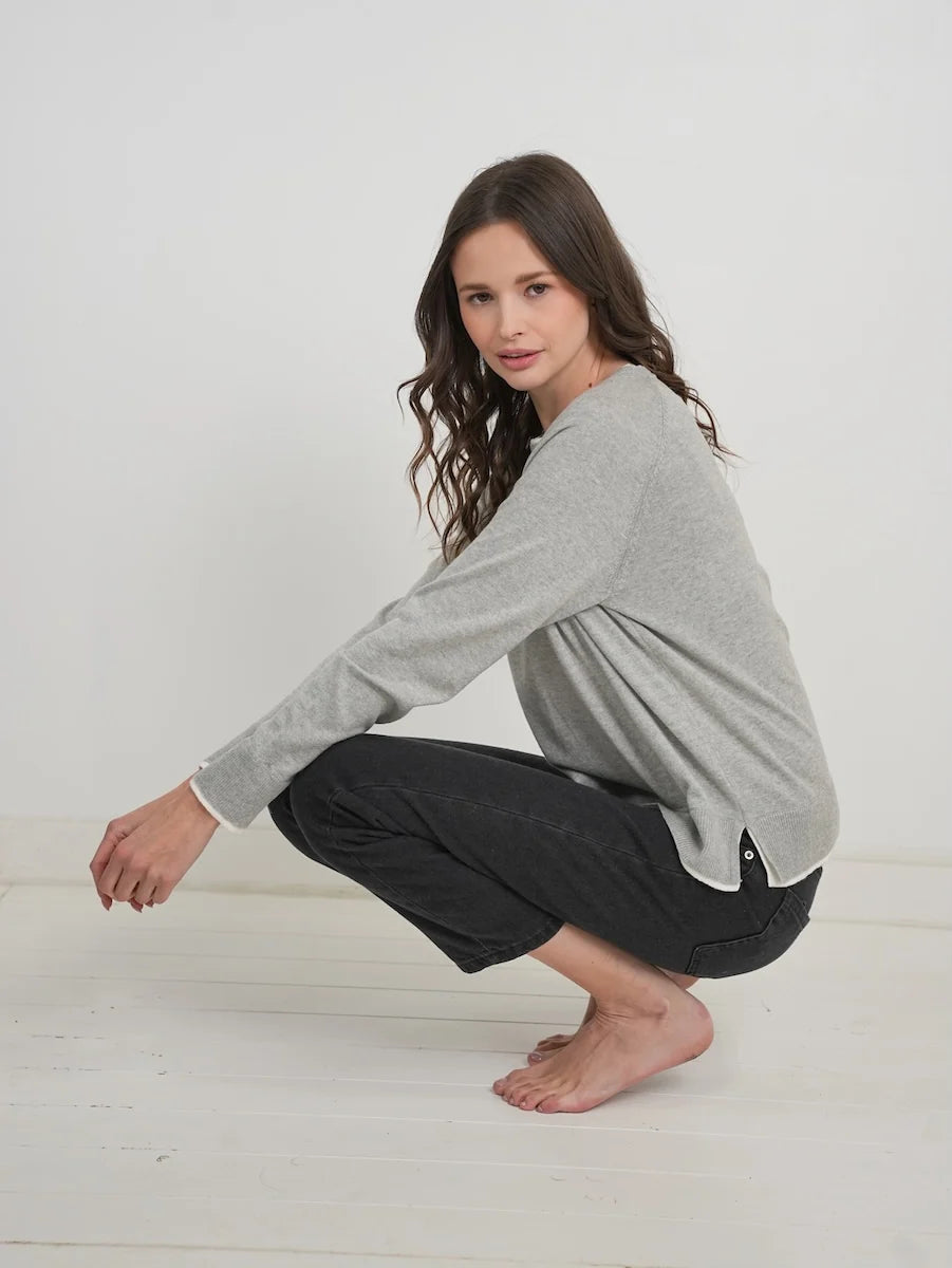 Stitch Drop Double Take Sweater in heathered grey with ivory layered-look trim