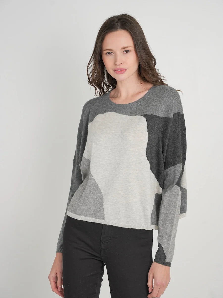 Stitch Drop Greystone Sweater in Smoke, abstract grey and ivory colorblock knit