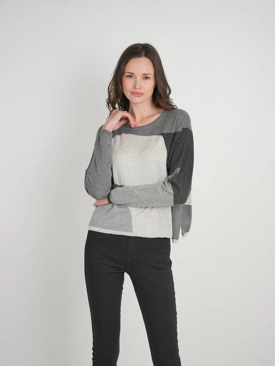 Stitch Drop Greystone Sweater in Smoke, abstract grey and ivory colorblock knit