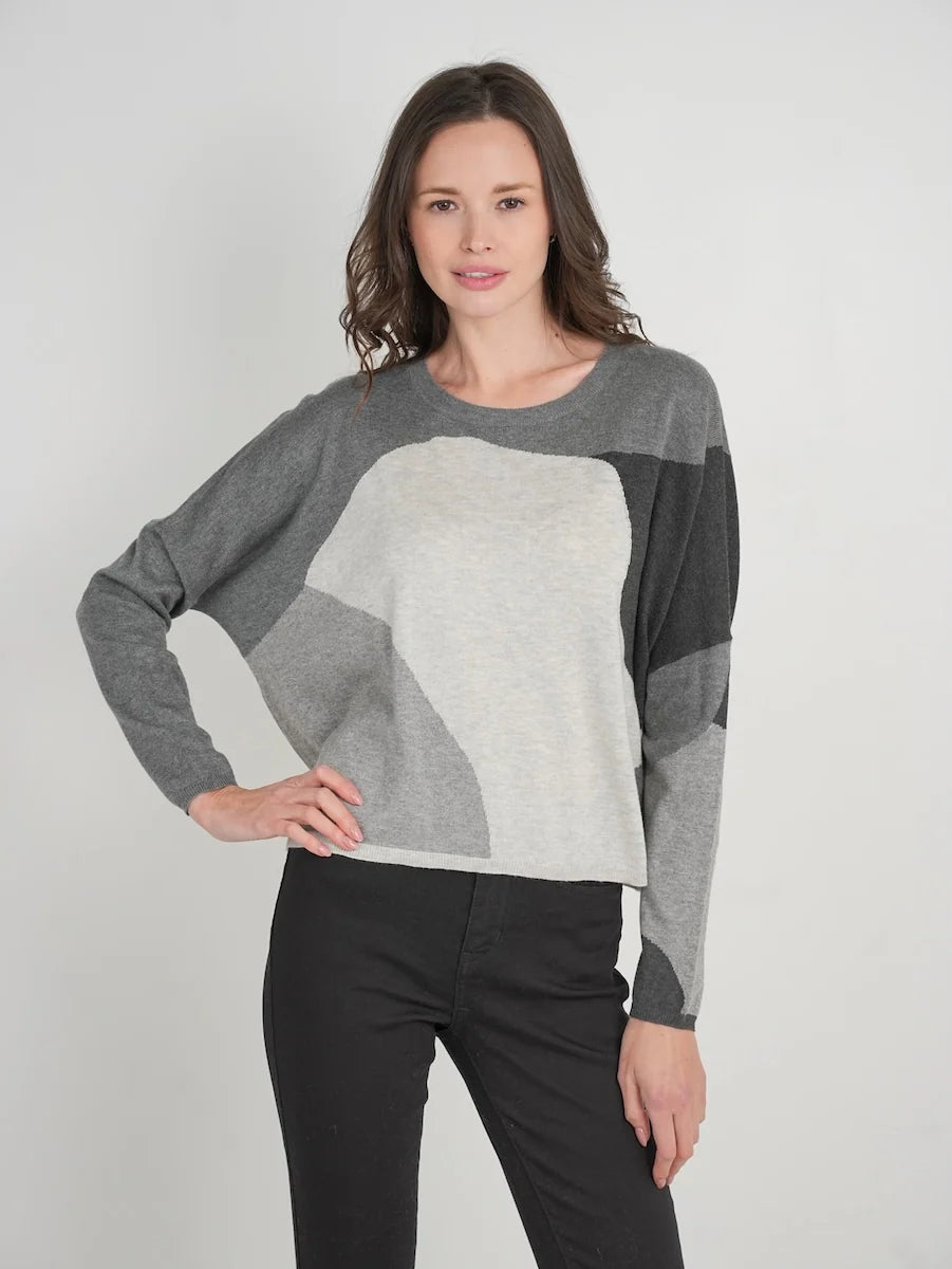 Stitch Drop Greystone Sweater in Smoke, abstract grey and ivory colorblock knit