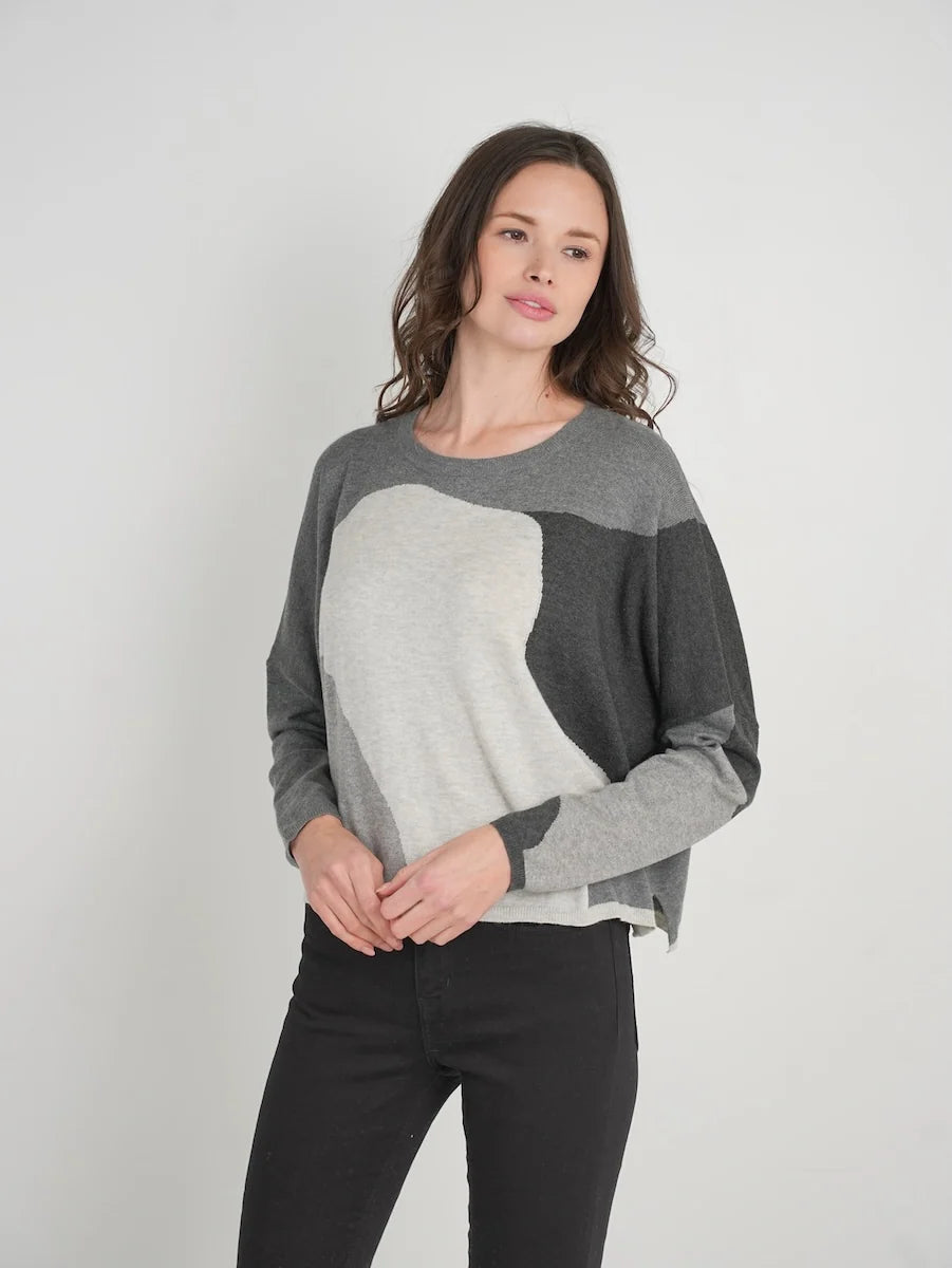 Stitch Drop Greystone Sweater in Smoke, abstract grey and ivory colorblock knit