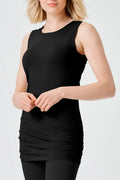 Planet 9802LY Ruched Tank, Black and Midnight colorways, sleeveless fitted layering top with ruched sides