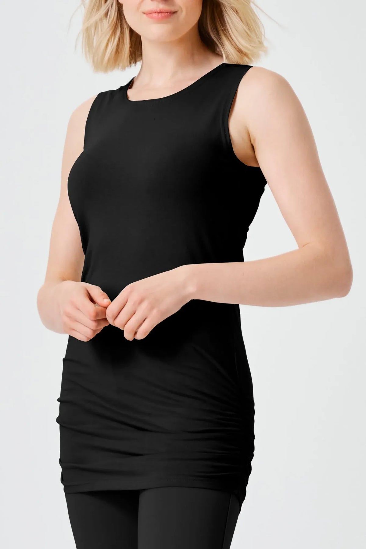 Planet 9802LY Ruched Tank, Black and Midnight colorways, sleeveless fitted layering top with ruched sides